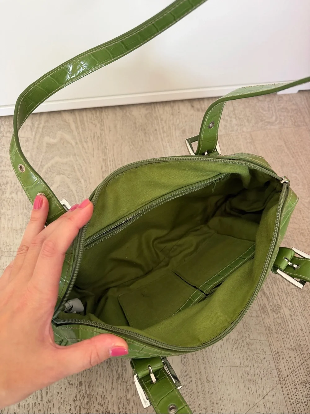 Green Croc-Effect Shoulder Bag